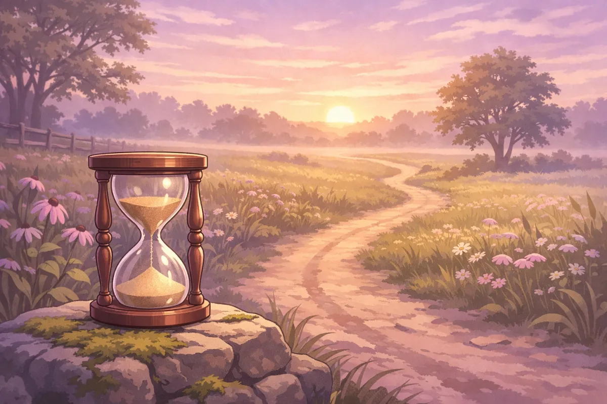 An hourglass in a serene Indiana landscape representing a quick and peaceful divorce process