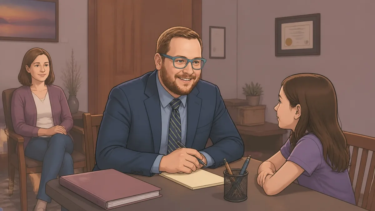 A Guardian ad Litem speaks with a child in a calm and private setting