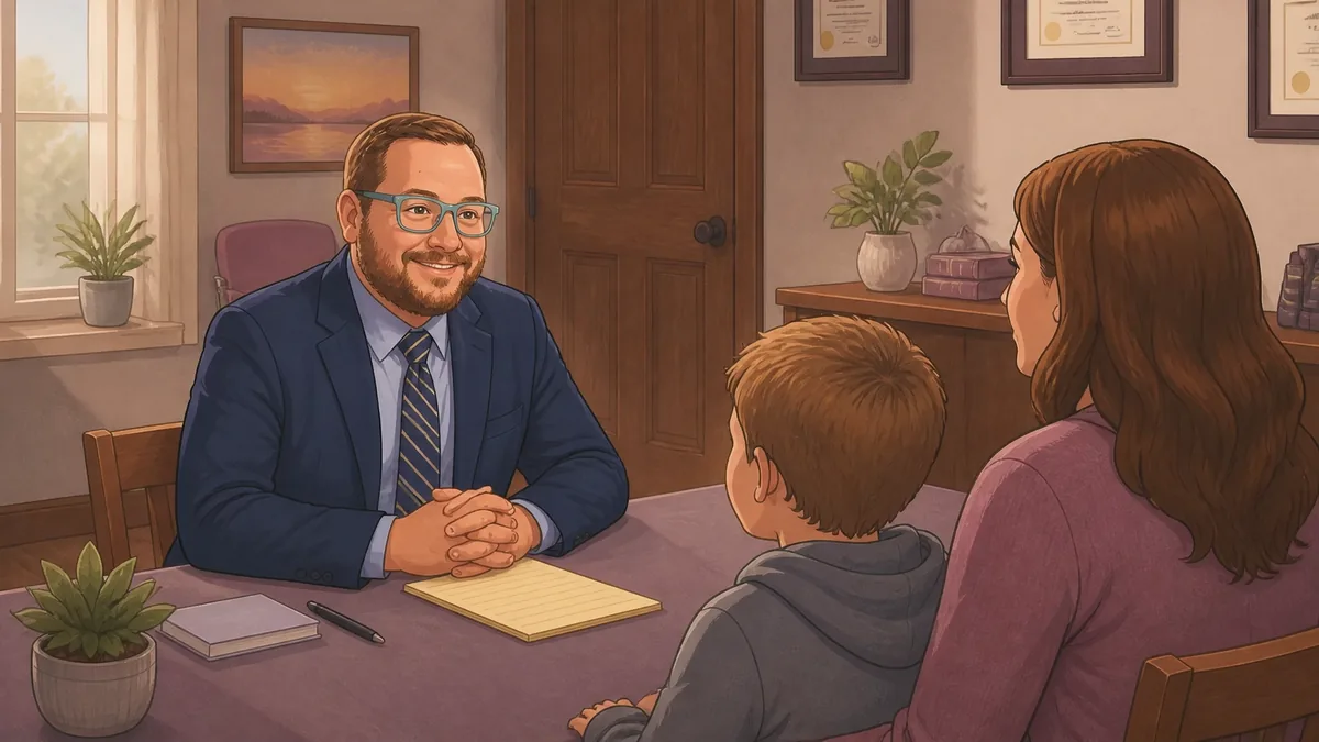 A friendly local attorney listens to a parent and child during a child-centered legal meeting