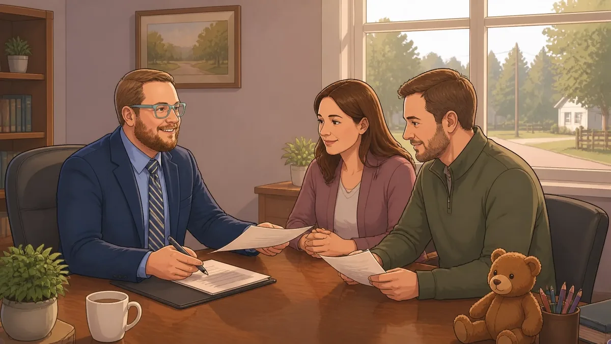 Two parents calmly share information with a Guardian ad Litem during a child-focused family law meeting