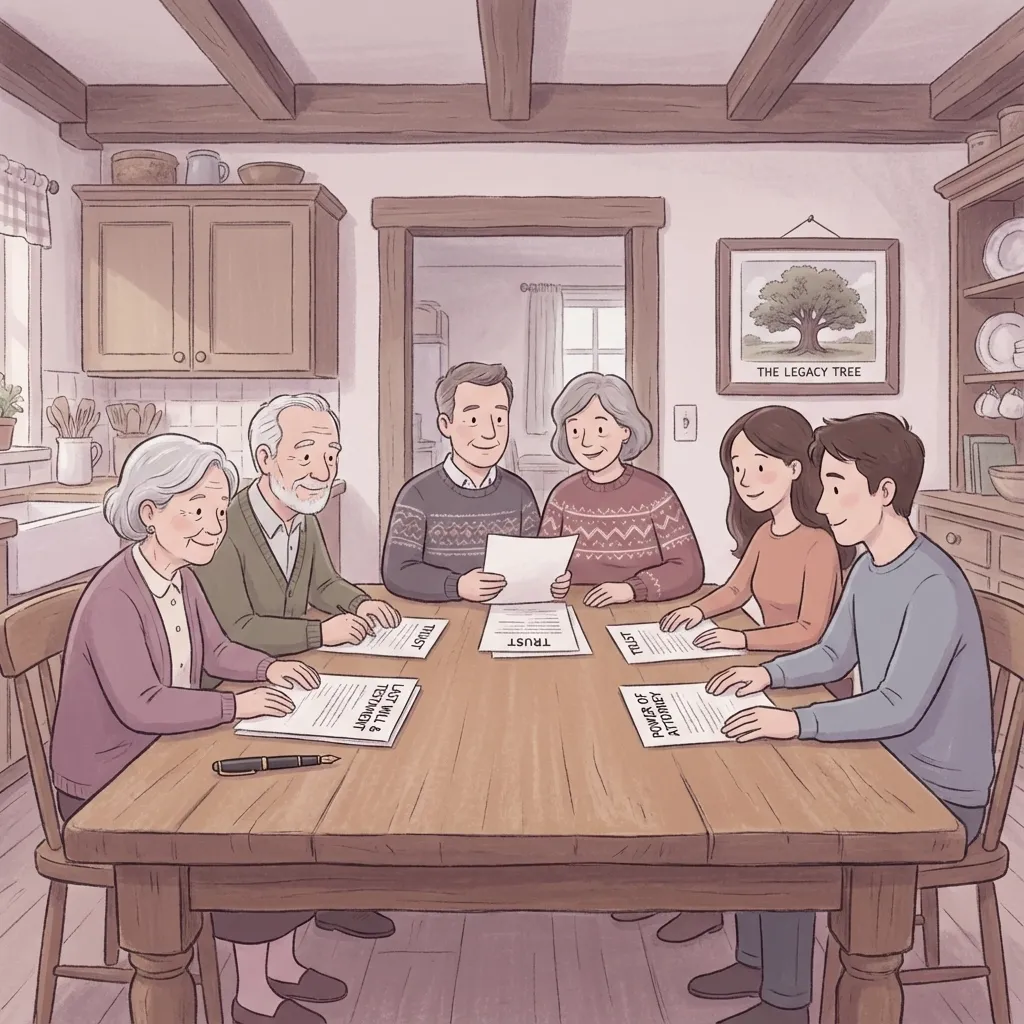 Three generations of a family reviewing an estate planning document together in a farmhouse kitchen