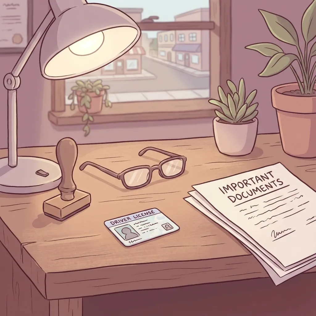 A quiet small-town law office desk overlooking Main Street, prepared for notarizing documents
