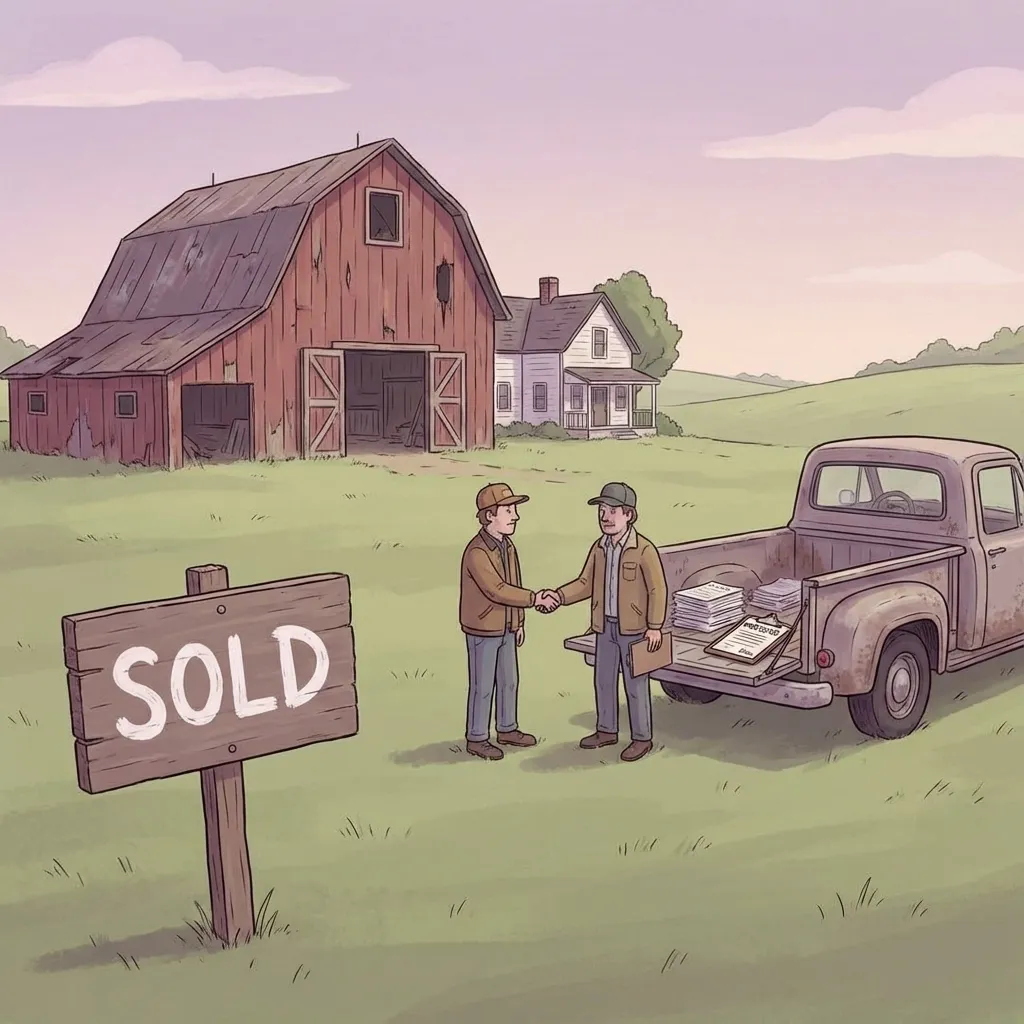 A SOLD sign in front of a farm property being transferred with a notarized deed