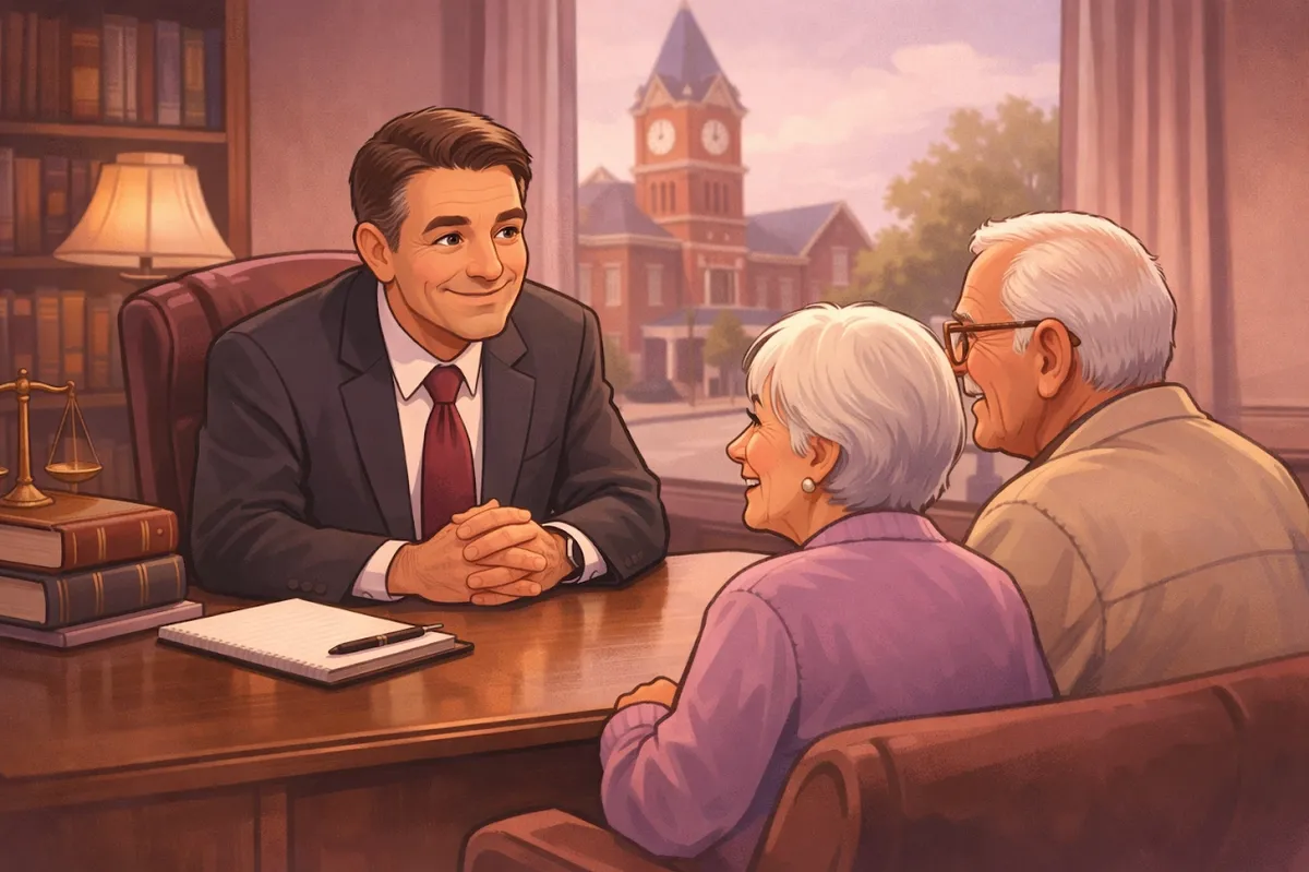 An approachable Jennings County attorney providing legal advice to a local couple in his North Vernon office