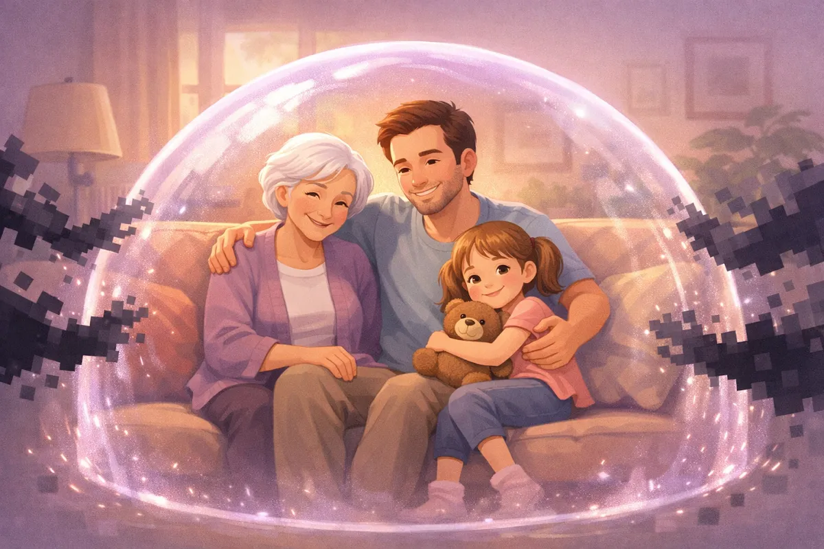 A family protected by a digital shield from AI voice cloning and deepfake scams
