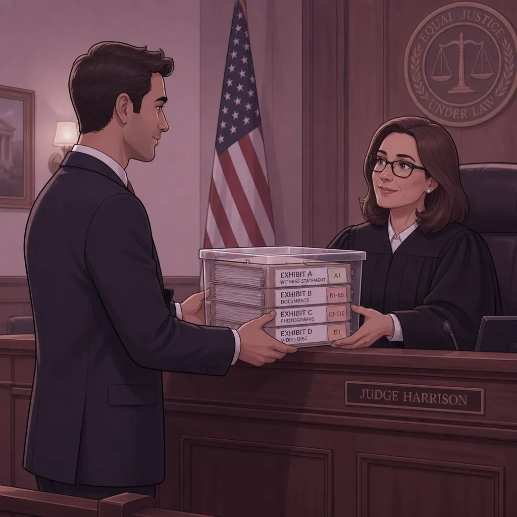 An attorney handing organized evidence to a judge, representing the new way trials are handled