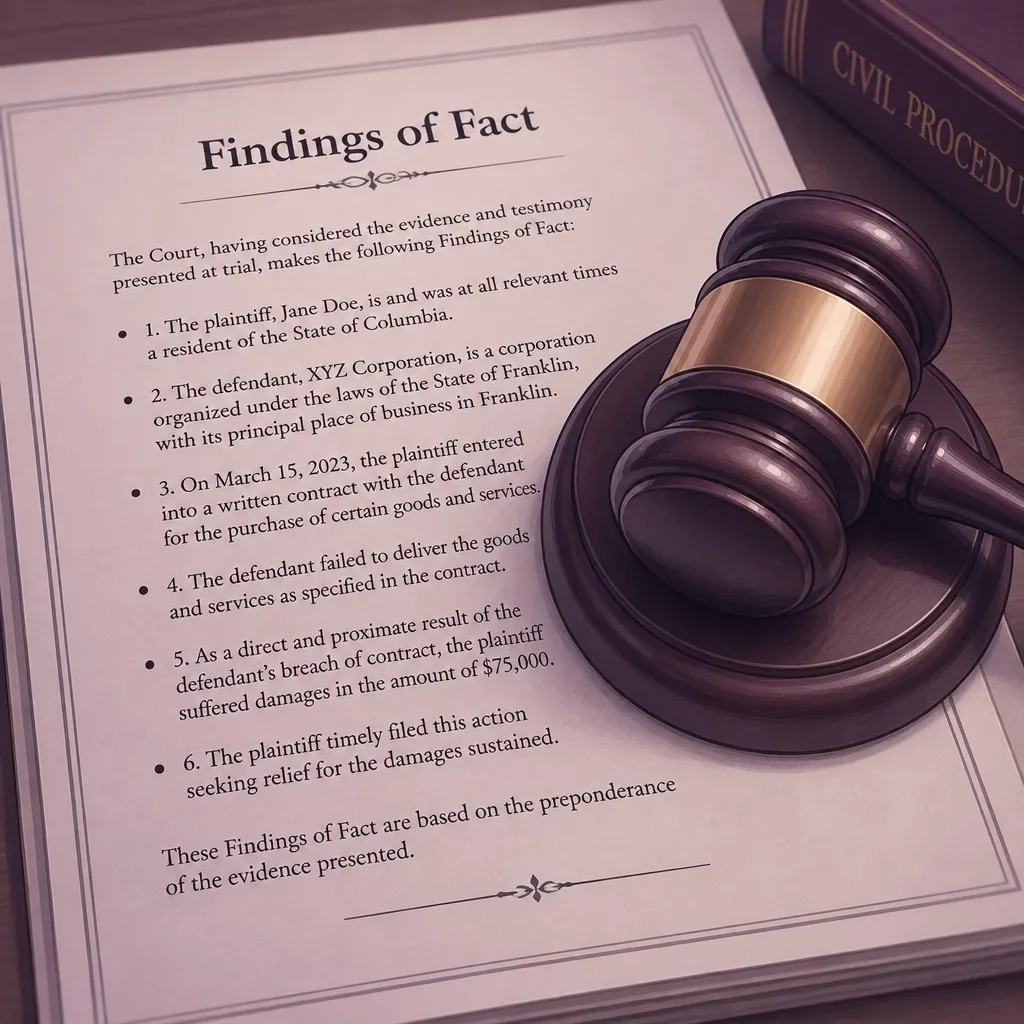A gavel on a document titled Findings of Fact, showing the importance of written evidence