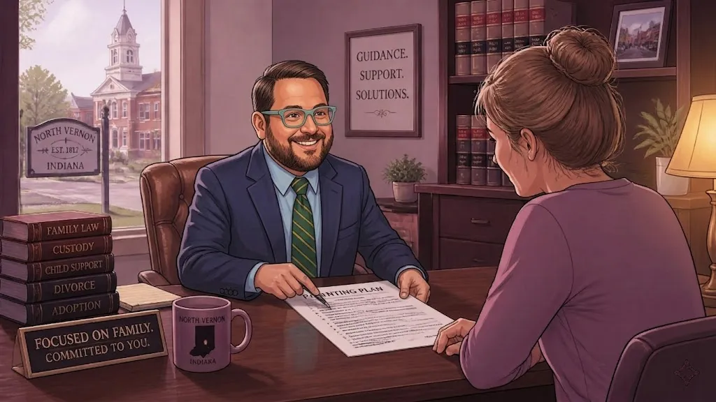 A lawyer explaining legal papers to a parent in a calm, professional office setting