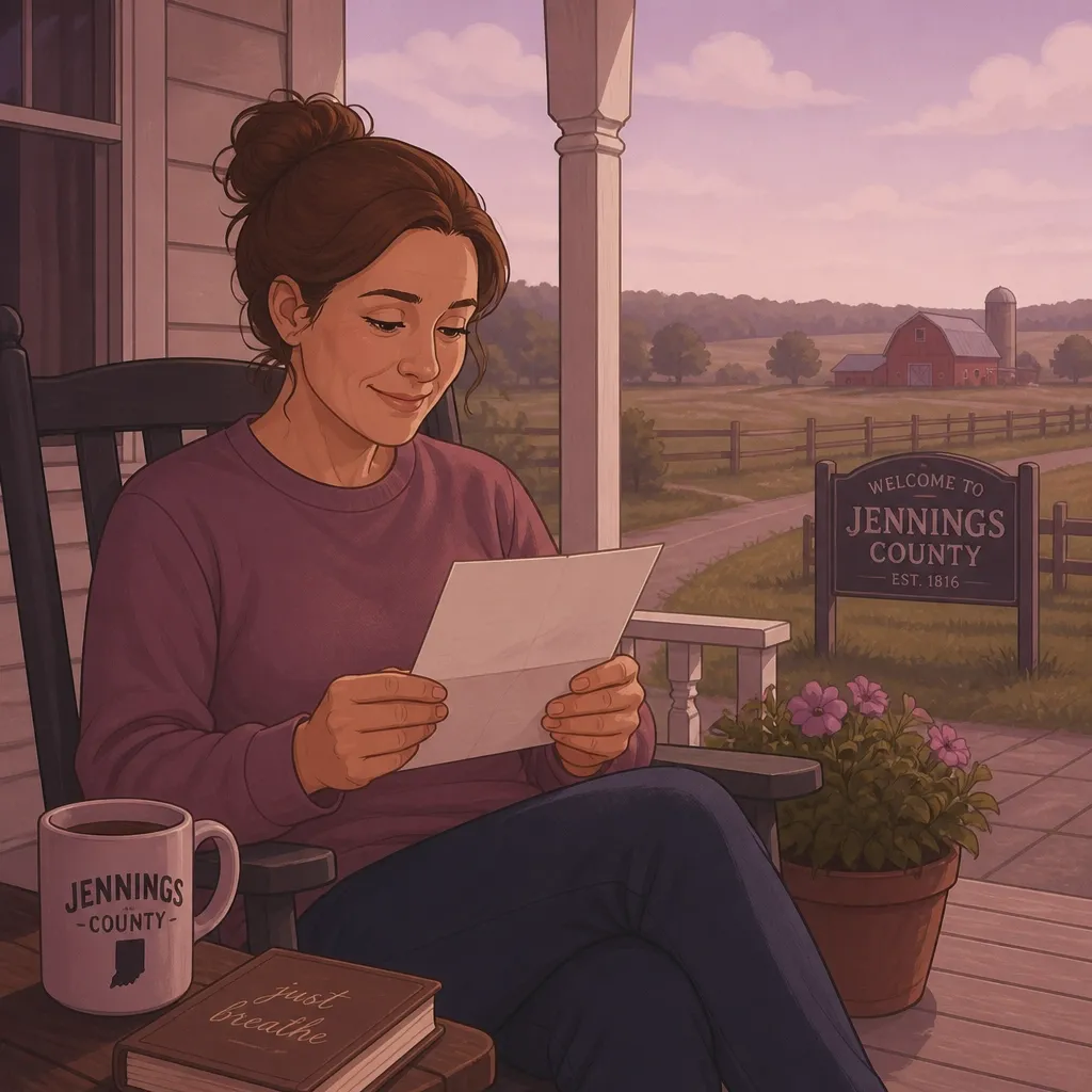 A parent looking at a document with relief in a rural Indiana setting