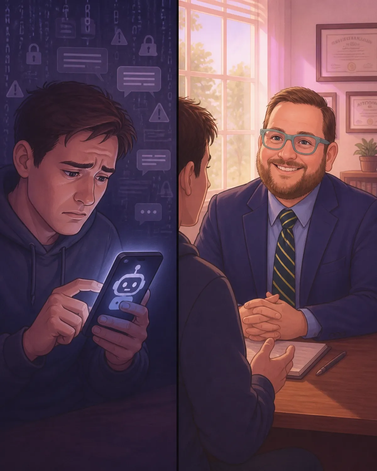 A comparison between a cold robot and a warm, listening lawyer