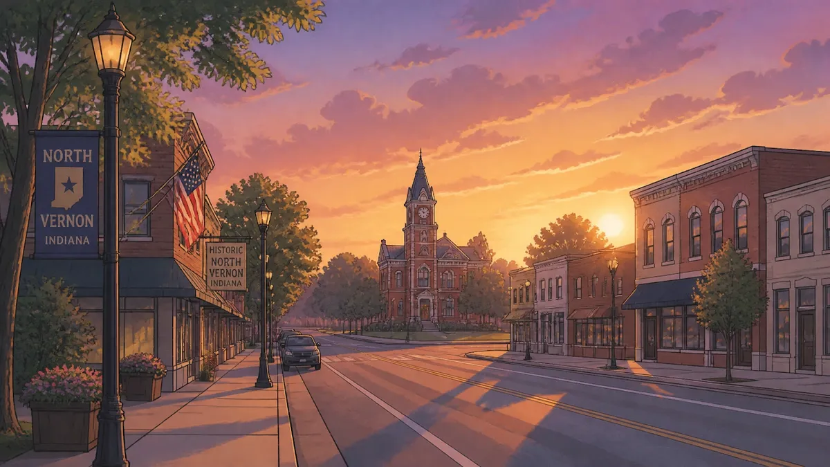 A peaceful sunset view of a small Indiana town street