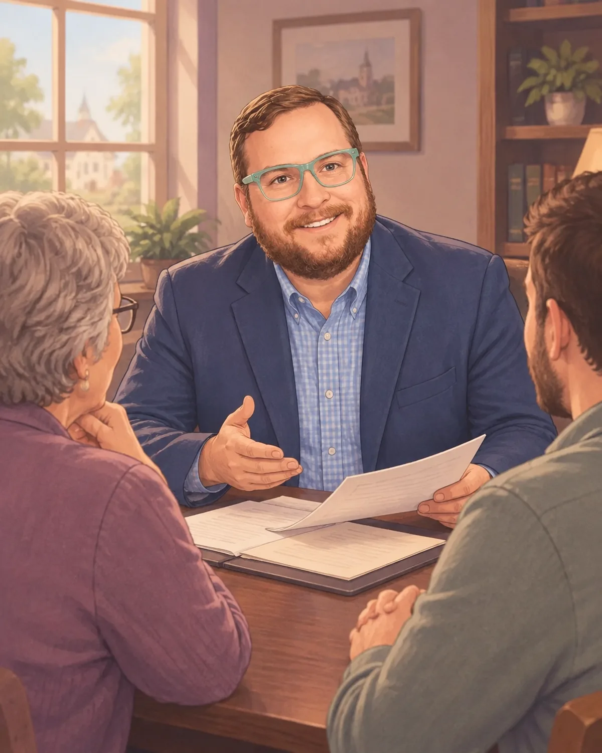 An attorney reviewing long-term care planning documents with a family