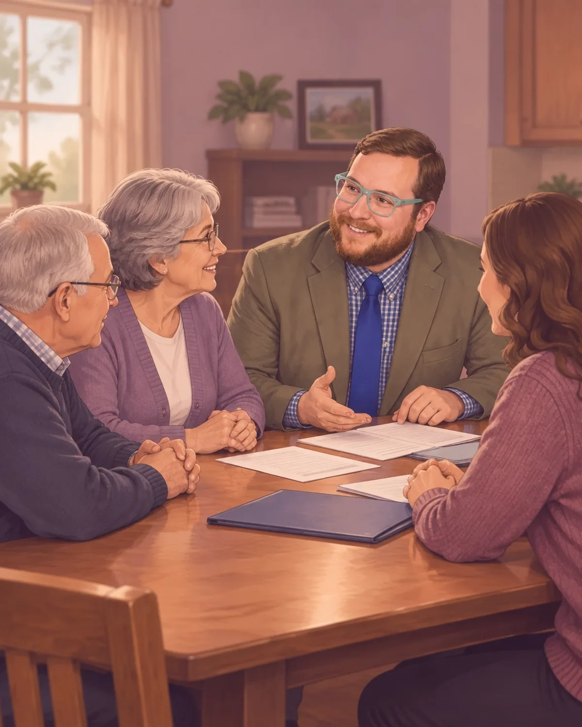 An elderly couple and their adult daughter meeting with an attorney about Medicaid planning for long-term care