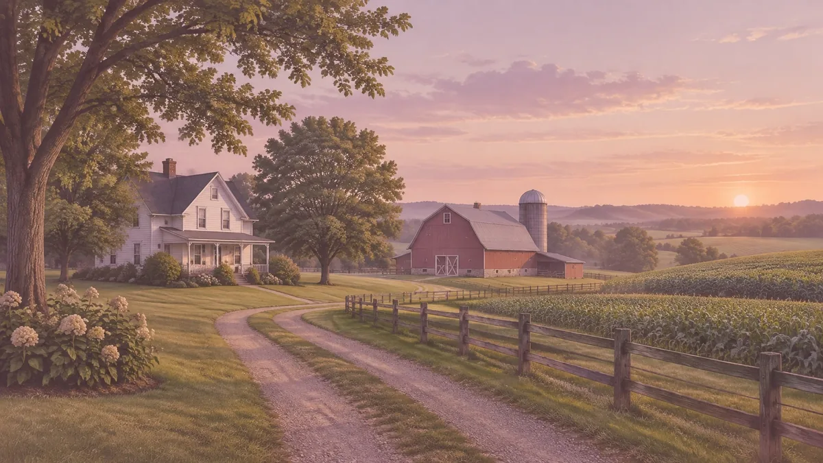 A Jennings County family farmhouse and barn at sunset, the kind of property families worry about protecting from Medicaid