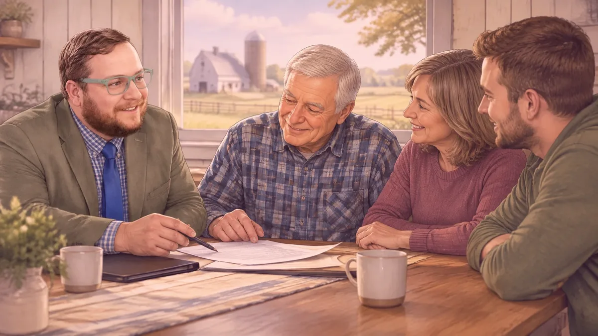 A Jennings County family meeting with an attorney about long-term care planning, with their farm visible through the window
