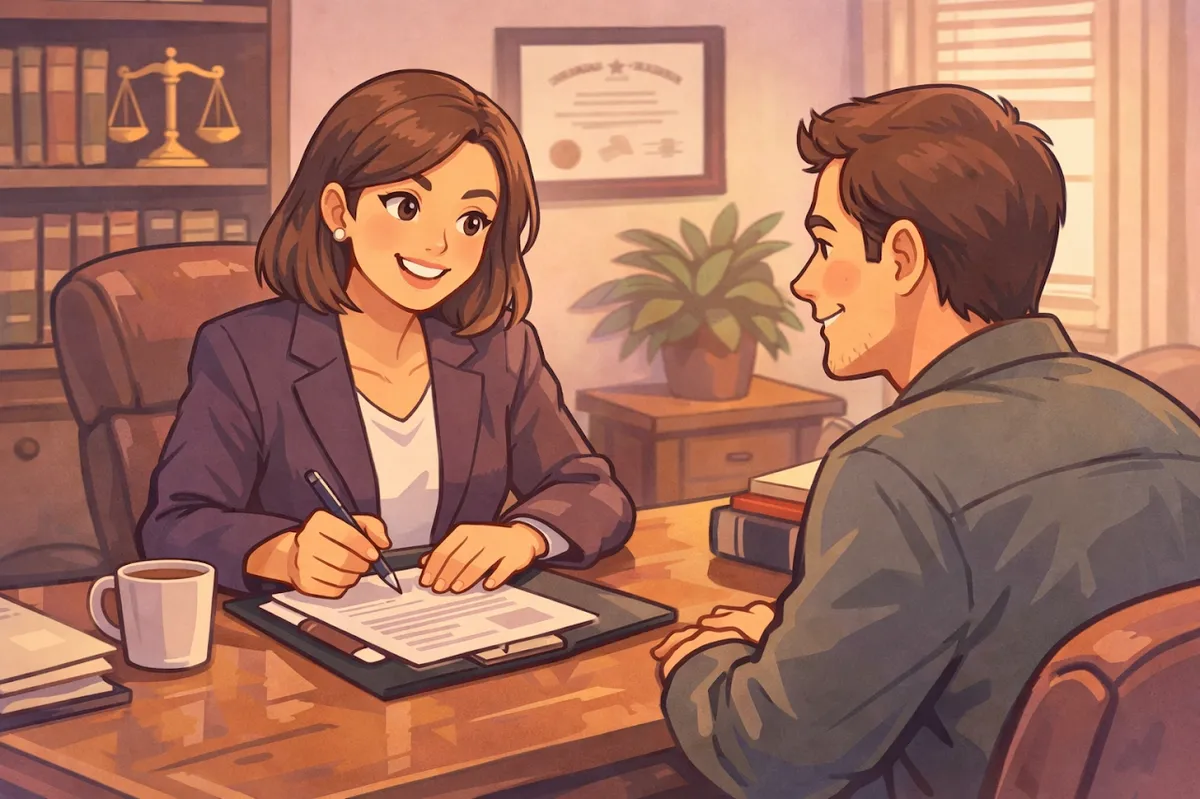 A Jennings County attorney meeting with a client in a professional North Vernon law office
