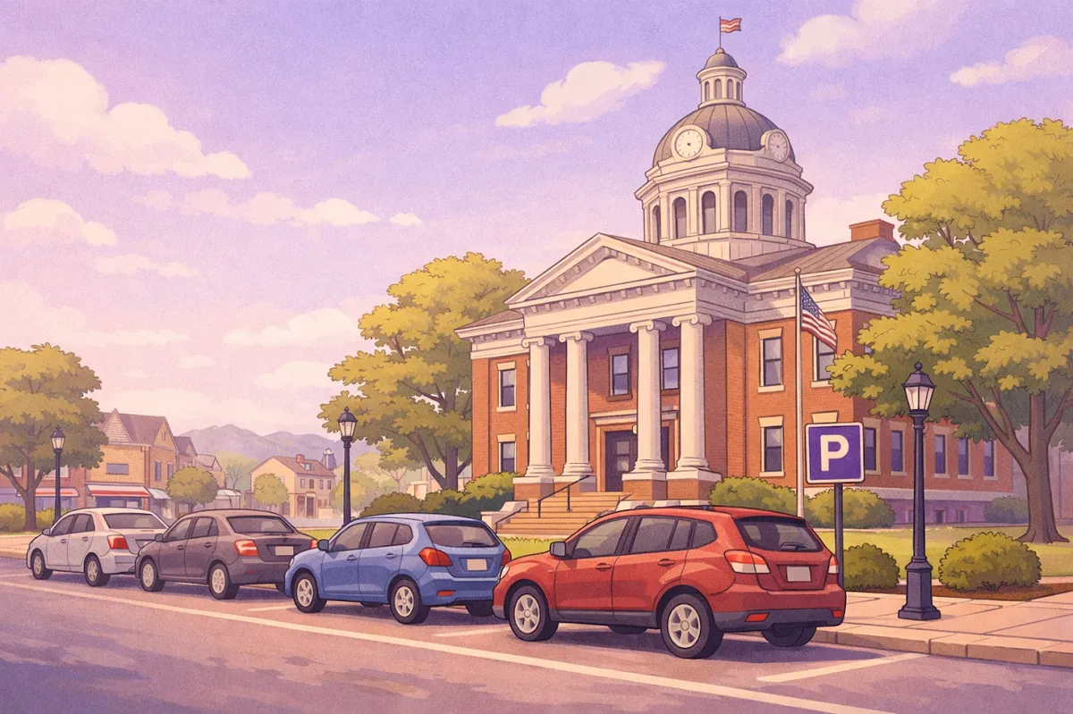Street parking in Vernon, Indiana near the historic Jennings County Courthouse clock tower