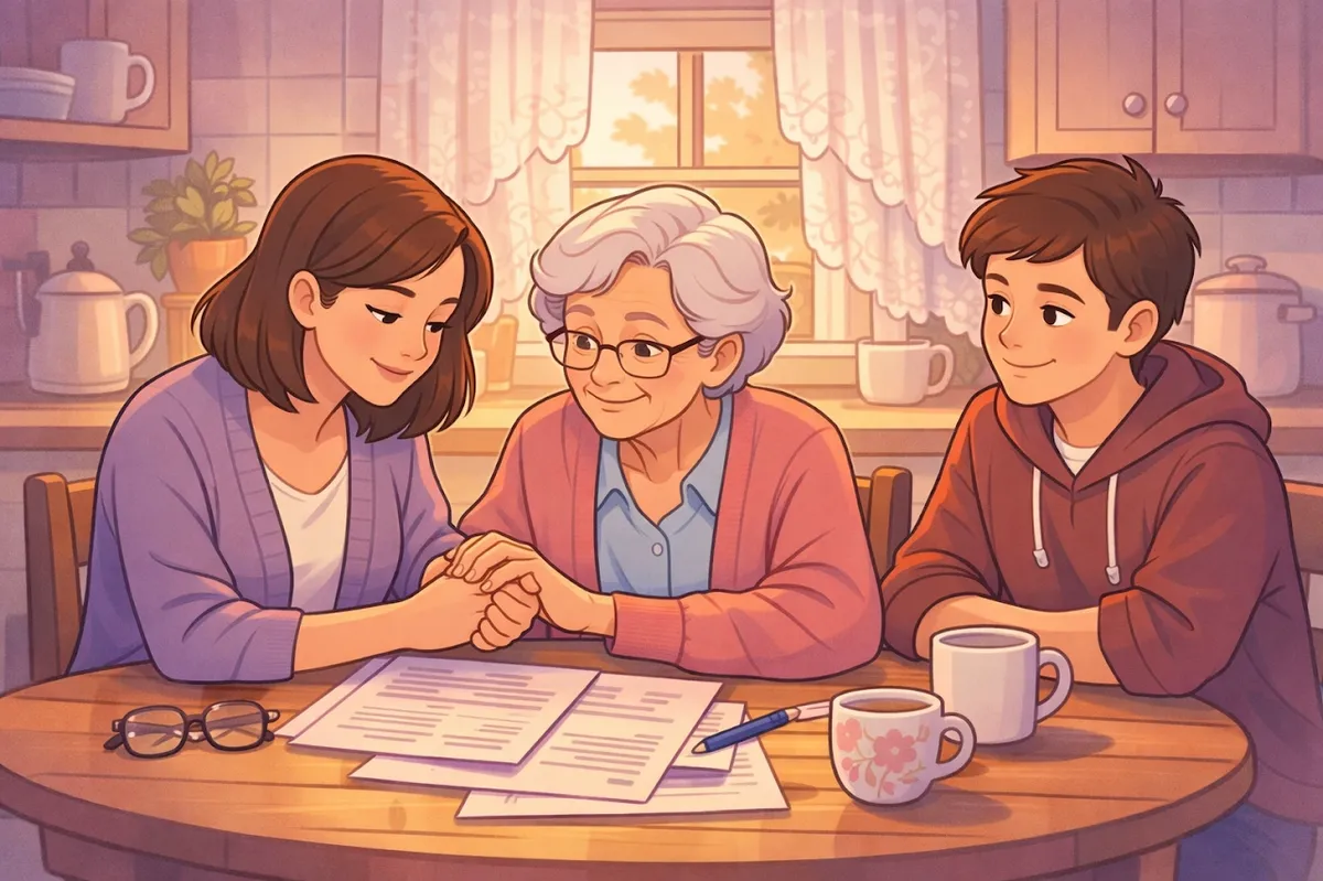Family reviewing estate planning documents together at kitchen table in Vernon, Indiana