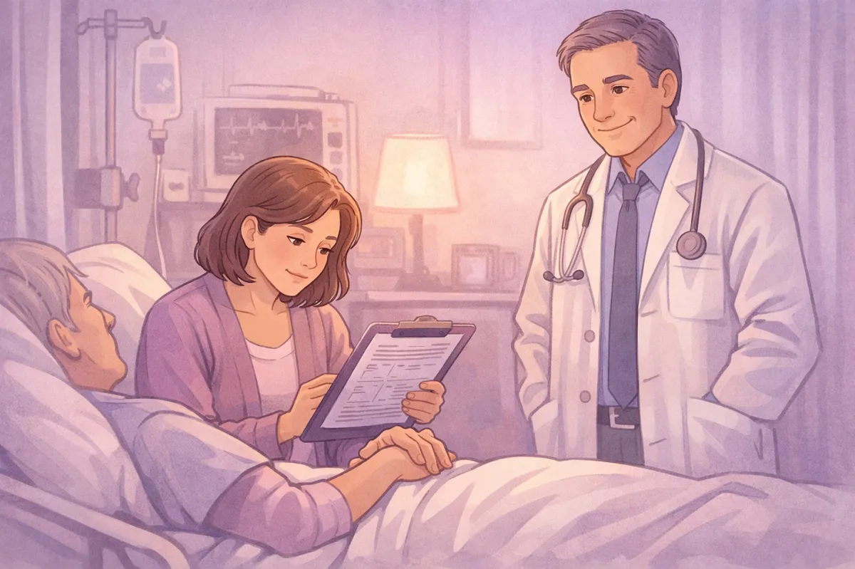 Healthcare representative making medical decisions with doctor and patient in Indiana hospital